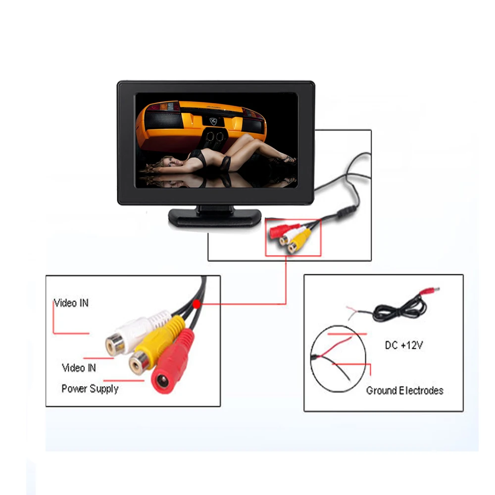 Podofo 4,3 ''цветной TFT lcd Автомобильный монитор заднего вида, автомобильный резервный парковочный резервный Обратный монитор, 2 видео inpu для камеры заднего вида