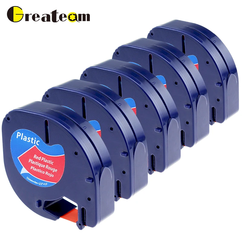 

Greateam 5pcs /lot 91203 Compatible DYMO LetraTag 91203 91223 91333 59424 Self-Adhesive Black on Red 12mmx4 m Label Tape