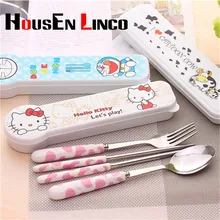 Kit de Vajilla de Viaje Hello kitty vajilla de 3 unidades de Comedor al aire libre con la caja de Cubiertos de acero Inoxidable de la Historieta bebé regalo HA73