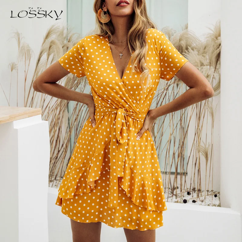 yellow dress with red polka dots