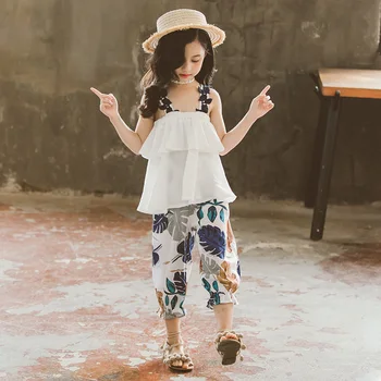 

Summer Girls Print Sport Clothes Set Kid Top Floral Pants Two Piece Set Child School Princess Perform Clothing Set For Girls