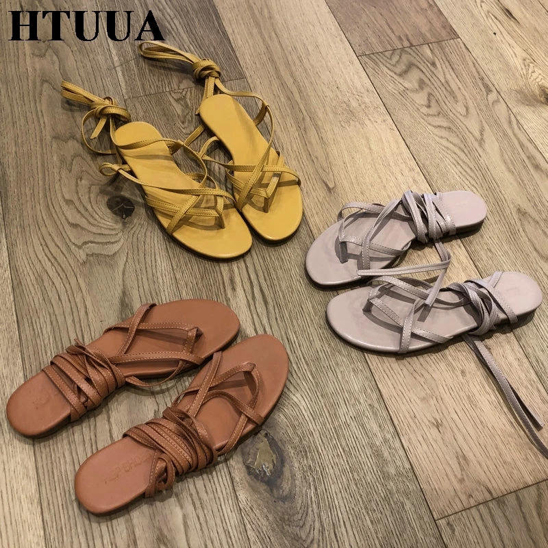 

HTUUA 2019 Summer Fashion PU Leather Cross Strap Women Sandals Casual Flip Flops Beach Shoes Woman Gladiator Sandals SX2701