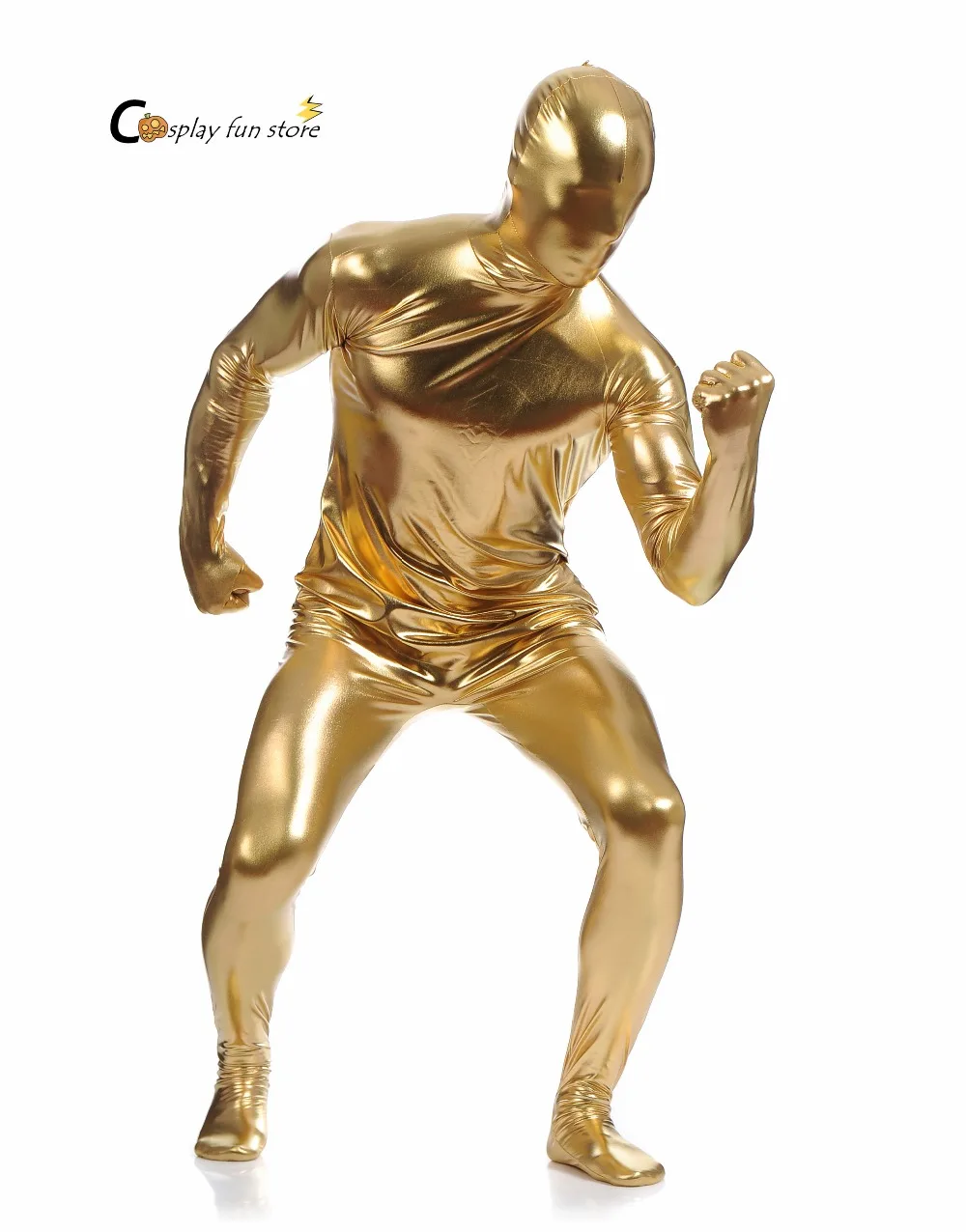 

2017 Shiny Lycra Spandex Shiny Champagne Mens Unitard Catsuits Metallic Footed Zipper Zentai Bodysuit