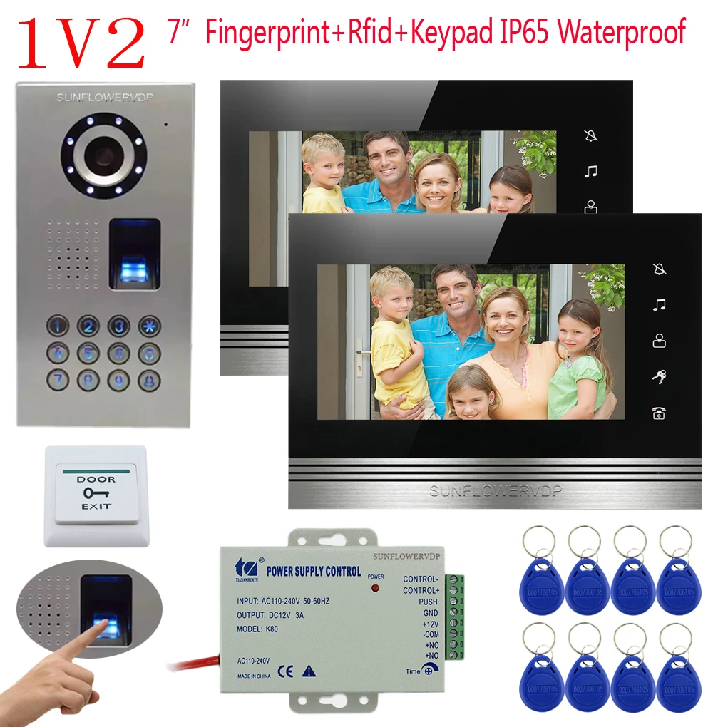 

1V2 Apartment Video Intercom Ip65 Waterproof Fingerprint keyboard HD 700TVL CCD Camera Intercom Video Phone 7" Touch Button LCD