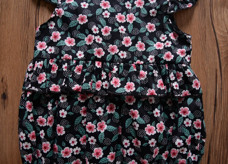 Комбинезоны для малышей; летняя одежда для новорожденных 1-3 лет; комбинезон для маленьких девочек; одежда с рукавами-рюшами и цветочным принтом; цвет черный, розовый