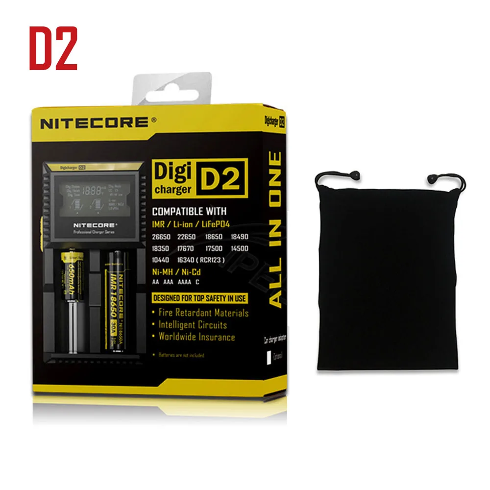 Фирменное зарядное устройство Nitecore D2 D4 Digi с ЖК-дисплеем, интеллектуальная схема Li-Ion для 26650 18650 18350 16340 14500 10440, автомобильное зарядное устройство - Цвет: D2 with bag