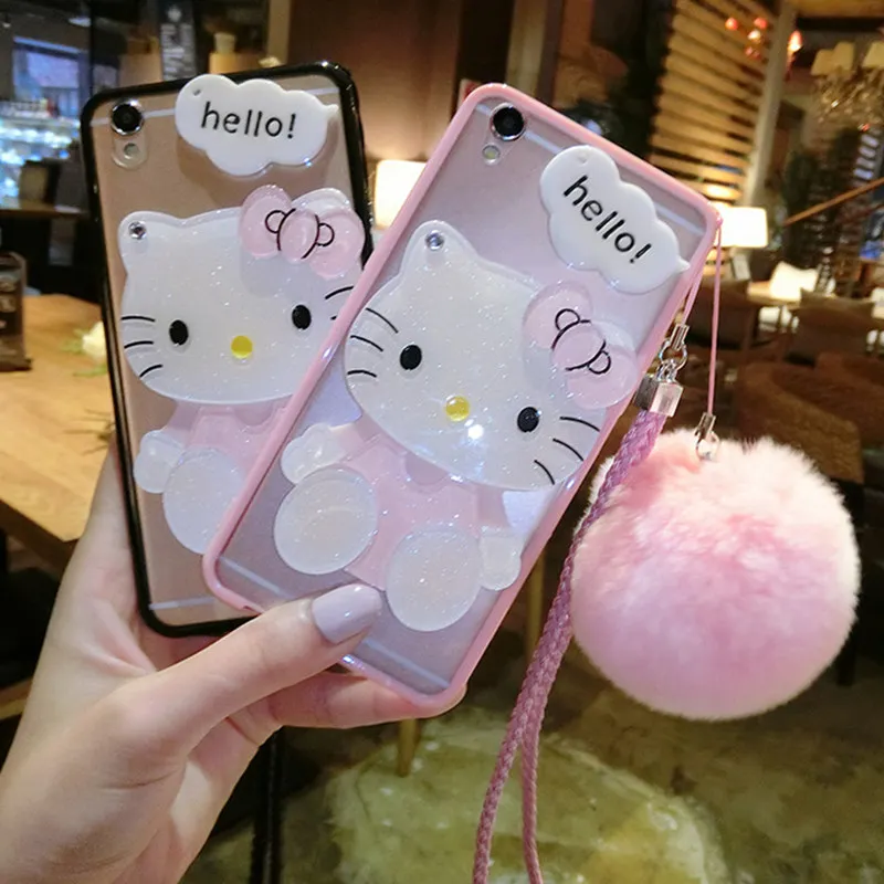 

For iphone 6 6S 7 8 Plus X XS MAX XR Girls Fashion Cute Cat Bear mirror soft Phone case Fur ball pompom Back cover With Lanyard