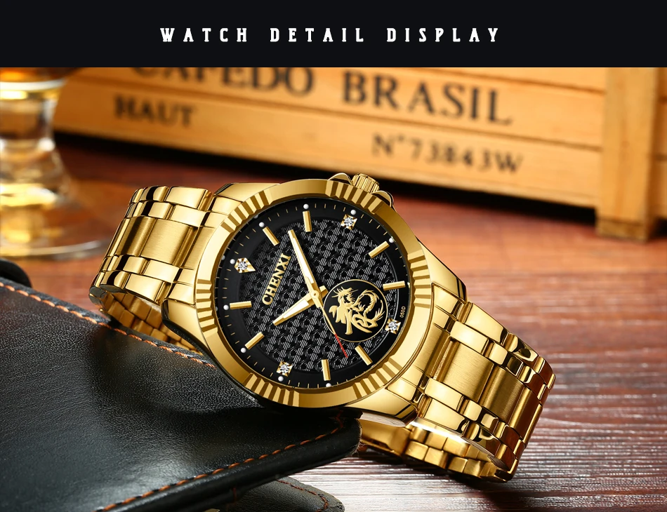 Модные мужские часы с драконом Chenxi мужские часы Лидирующий бренд роскошные золотые часы мужские часы из нержавеющей стали Мужские кварцевые часы horloge man