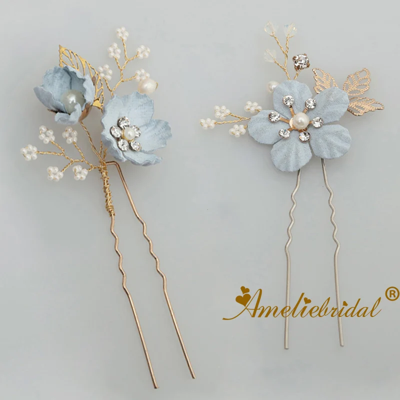 Cute Wedding Bobby Jewelry Blue Flower Bridal Hair Pins ...