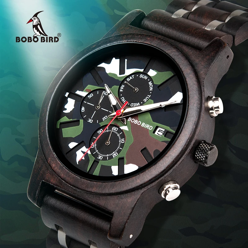 BOBO BIRD Chronograph Watch Military Men Army Green Wooden Watches Luxury Stainless Steel Strap Week Display