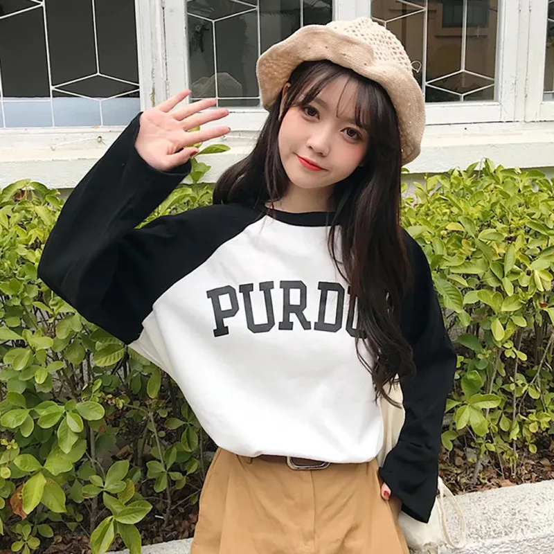 

2019 New Women Letters Print Patchwork Tshirt Autumn Long Sleeves T-shirt Womens Tops Korean Style Casual O Neck Loose Tops