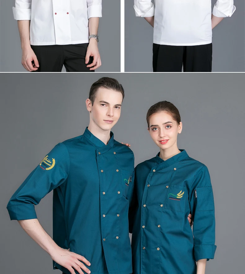 Для мужчин Для женщин с длинным рукавом двубортный вышивка шеф-повар Пособия по кулинарии спецодежды кухонная форма Ресторан Cozinha одежда