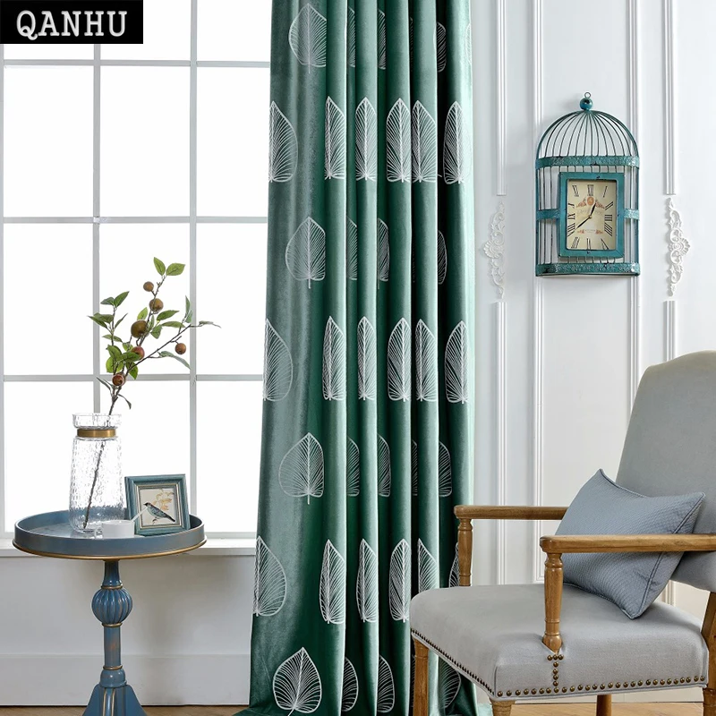 

QANHU Customize Fluff Curtain Leaves pattern Brand Design Baby room Cotton Surface Landing Blackout Curtain Set A-28