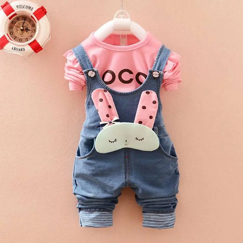 Новые детские комплекты одежды Roupas De Bebe, футболка с надписью для маленьких девочек топ+ джинсы милый комбинезон с кроликом, штаны комплекты из 2 предметов, MT301 - Цвет: pink