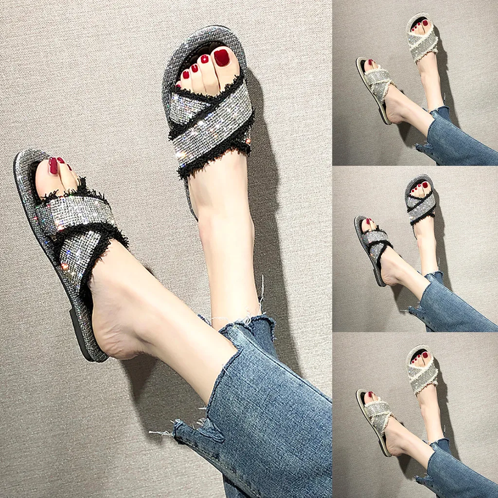 

Ladies Fashion Sequins Slides Women Summer Open Toe Hollow Cross Strap Crystal Platform Sandals Casual Beach Walk Shoes For Lady