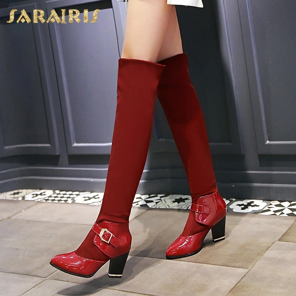 

SARAIRIS New big size 34-43 new fashion over knee boots woman shoes pointed toe chunky heels elegant shoes woman boots