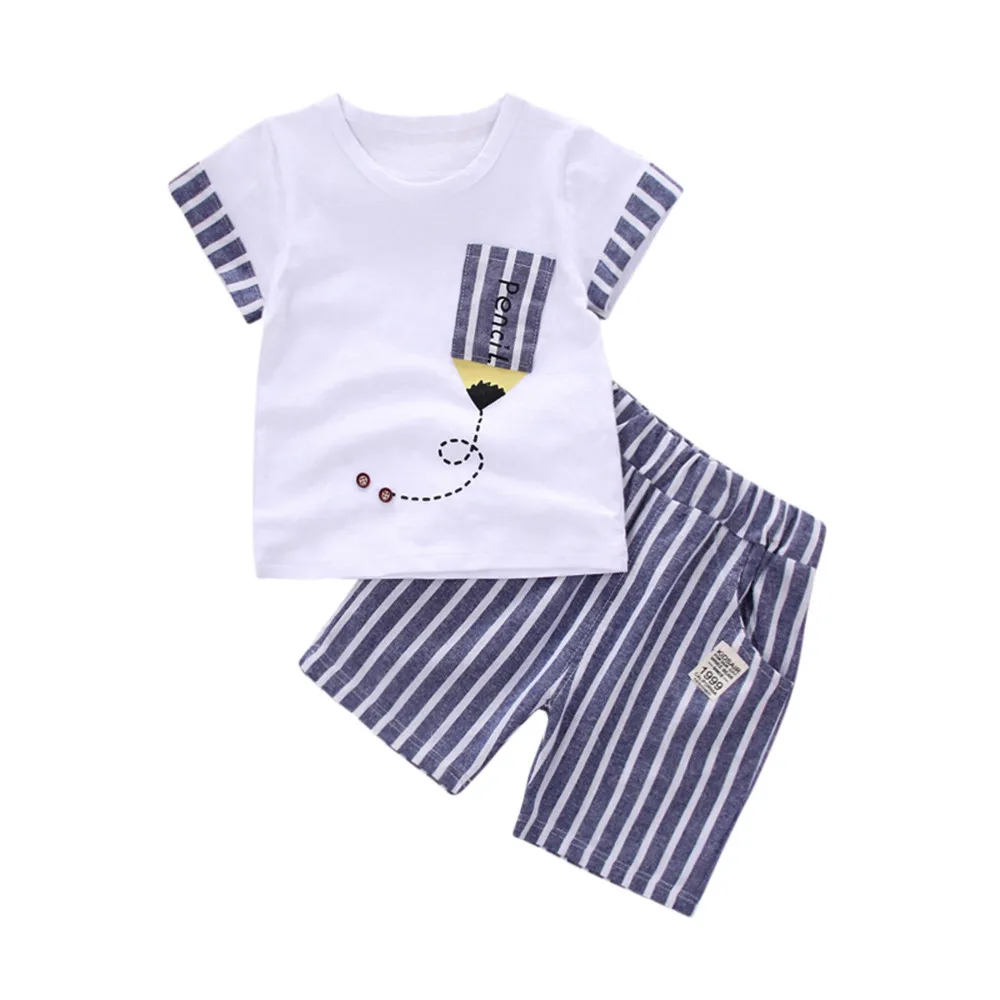 Летняя одежда для маленьких мальчиков; Одежда для новорожденных; одежда для маленьких мальчиков; полосатая футболка-карандаш; топы; штаны; комплект одежды; Прямая поставка