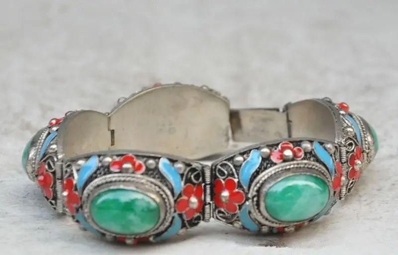 

China's Tibet dynasty palace cloisonne silver inlaid jade bracelet ^^@^18K GP SHIPPING 5.25