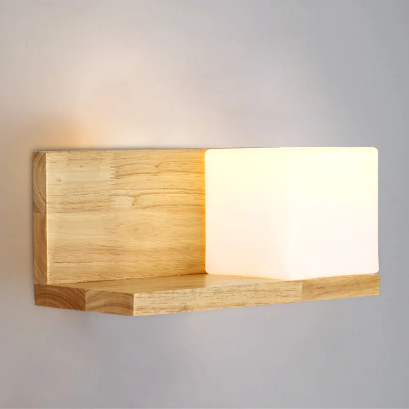Прикроватная деревянная настенная лампа стойка для хранения E27 розетка для спальни ночной Светильник из матового стекла современный скандинавский стиль настенный светильник s