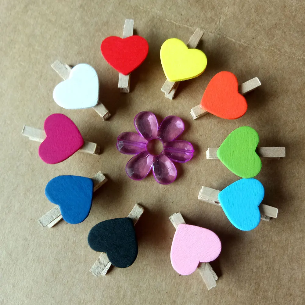 

50pcs Mini colorful Love/Natural Wooden Photo Paper Peg Pin Decorative Clothespins With Rope Crafts Wooden Postcard Pegs Clips