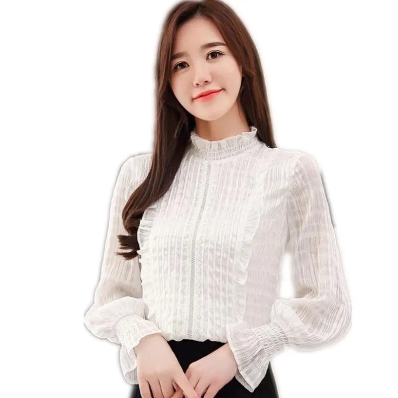 

2019 Autumn Women Blusas Lace Patchwork Top Fashion Stand-Collar Blouse Women Casual Long Sleeve Shirts Chiffon Blouse CQ2852