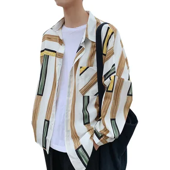

2019 Spring Summer New Loose Long Sleeve Shirt Men Casual Korean Fashion Striped Shirt Tropical Beach Male Hawaiian Shirts 5XL
