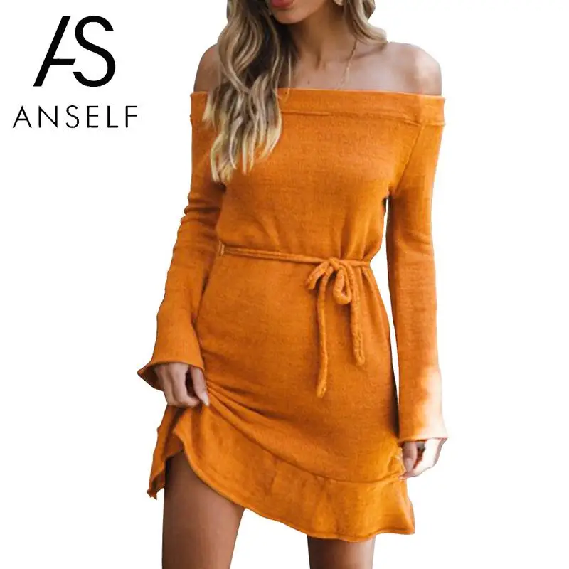 

Anself Autumn Warm Sweater Dress Female Women Knitted Off Shoulder Dress Slash Neck Long Sleeves Ruffles Hem Mini Casual Dress