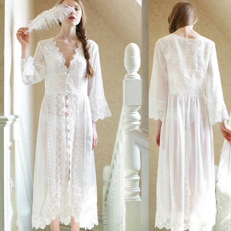 Women Sleepwear Sexy White Lace Long Robe Princess Dress Maternity Nightgown Elegant European-style Nightwear Vestidos