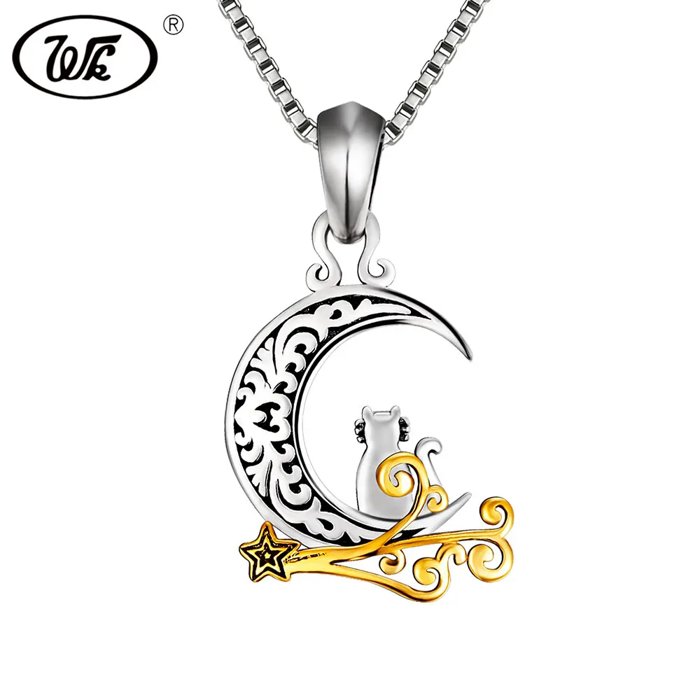 

WK 925 Thai Silver Vintage Cat Moon Necklace Women Girls Ladies Chic Crescent Animal Pet Pendant Retro Jewelry Gift 18" 4W NZ058