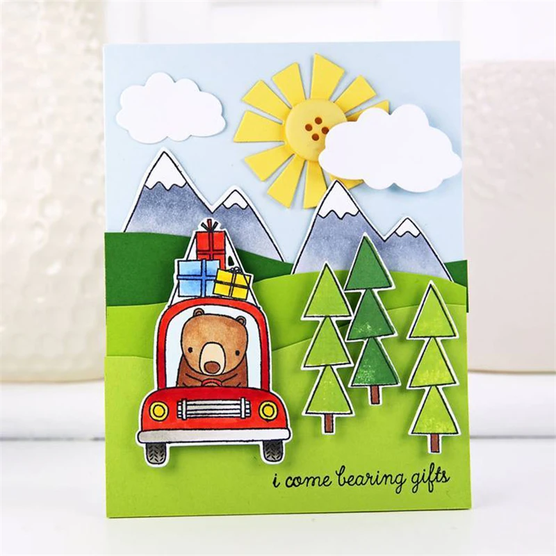

Driving Bear Gift Box Tree Sun Metal Cutting Dies and Clear Stamps for Scrapbooking New 2019 Die Cuts for Card Making Stitch