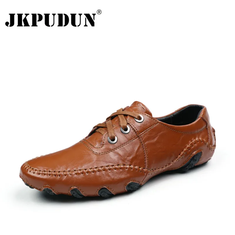 

JKPUDUN Handmade Genuine Leather Mens Shoes Casual Luxury Brand Men Loafers Moccasins Italian Breathable Driving Shoes Plus Size