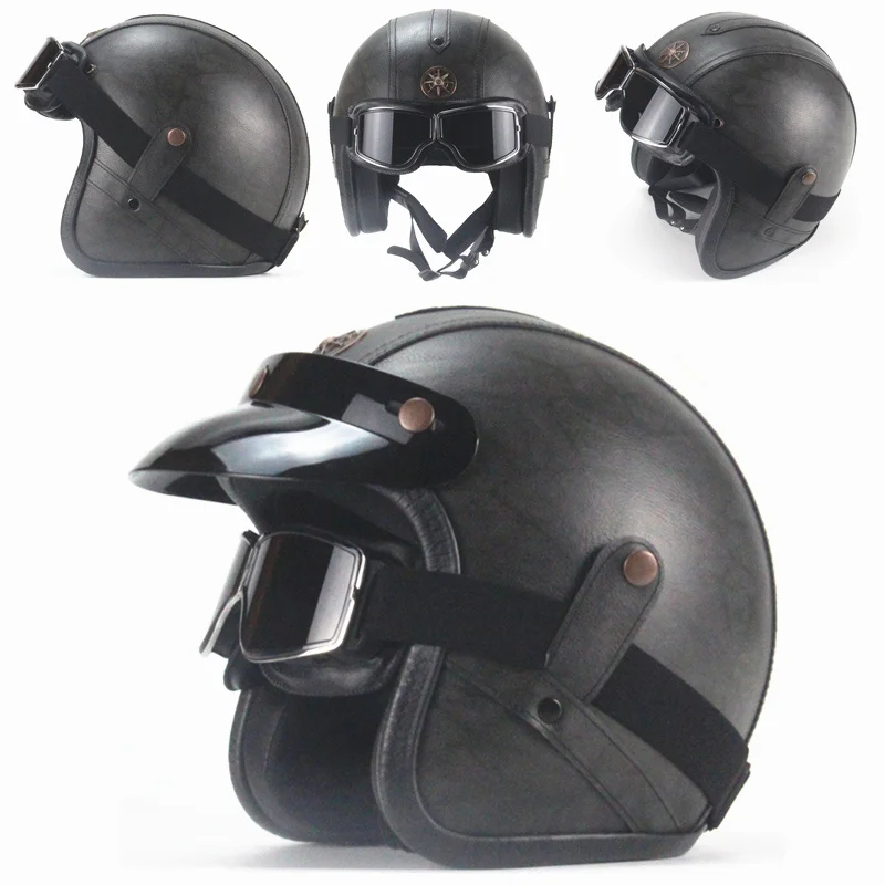 Из искусственной кожи для шлемов 3/4 Половина мотоциклетный Чоппер велосипедный шлем с открытым лицом мотоциклетный шлем с goggle - Цвет: Dark grey leather 2