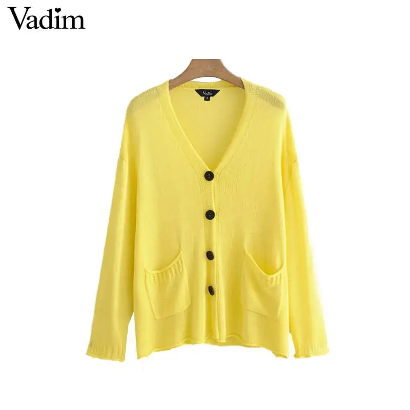 Vadim women yellow oversized knitted cardigans pockets see through long sleeve buttons sweaters ladies basic loose tops HA039 |