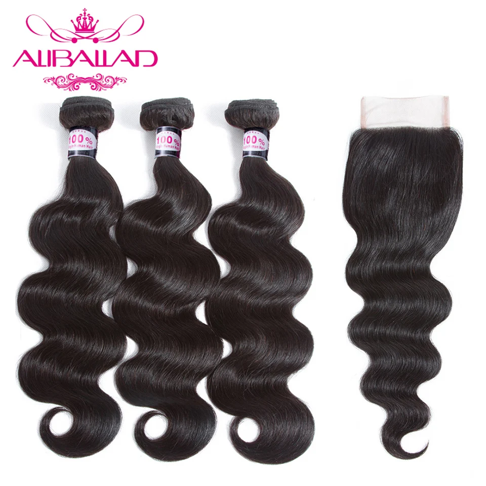 Aliballad Hair Brazilian Body Wave Bundles With Closure 4x4 Inch Remy Human Hair Bundles With Closure 3 Bundles And Closure