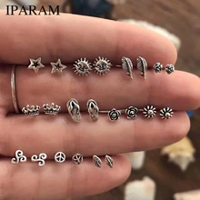 11 пар/лот, уникальный дизайн, винтажный Маленький Комплект сережек для женщин, Панк розовая Корона, солнце, звезды, перо, геометрическое животное, ухо Aros