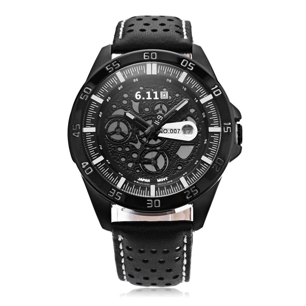 6.11 NO 007 Men Photovoltaic Energy Quartz Watch Wheel Pattern Dial Date Display Wristwatch