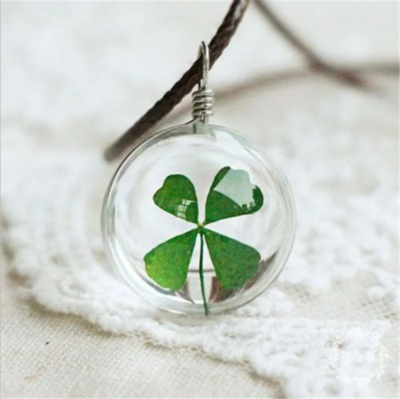 Refaxi 2016 New Woman Fashion Handmade Nature Flower Necklace Lucky Clover With Double Glass Ball Pendant Hot | Украшения и