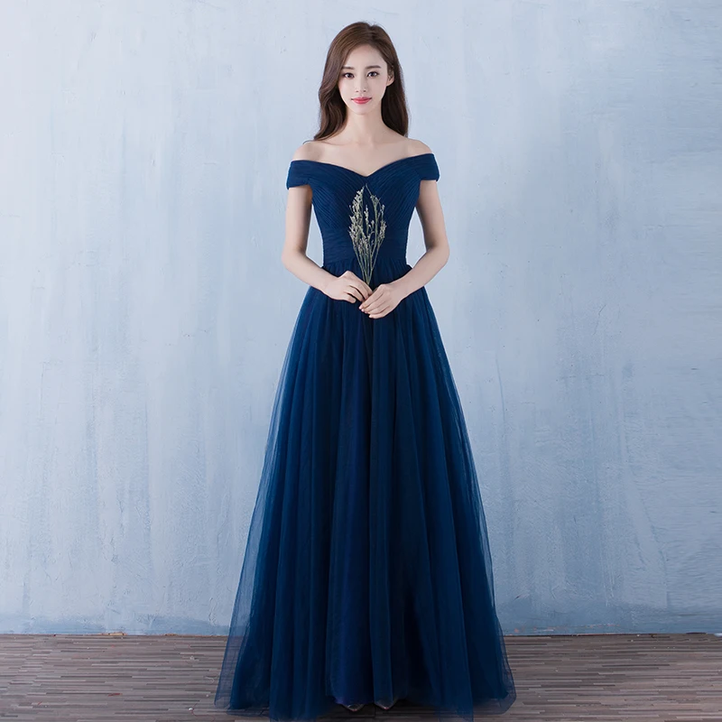 

Tulle Evening Dresses Sexy Boat Neck A-line 2019 Vestidos Tulle Navy Formal Party Dresses