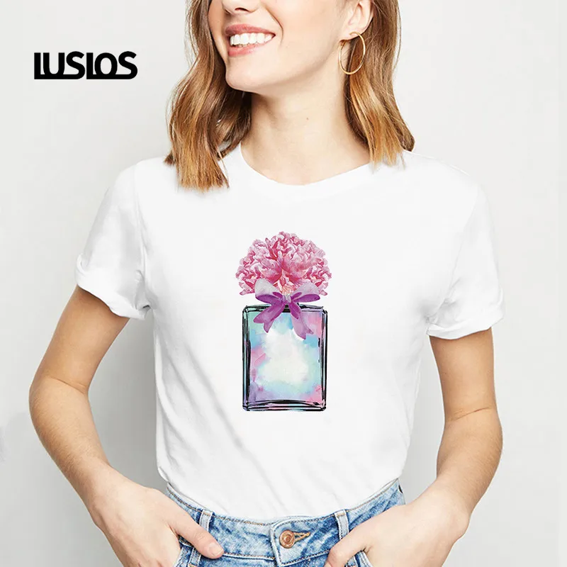 Женская хлопковая Футболка с цветочным принтом LUSLOS белая футболка коротким
