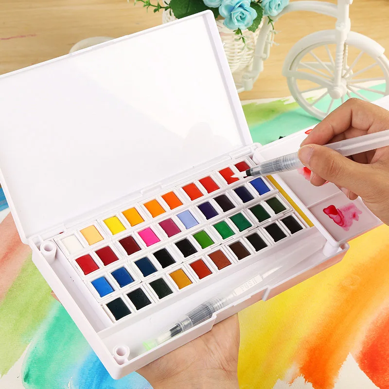 

12/18/24/30/36/40/48 Colors Portable Solid Pigment Watercolor Painting Set With Paintbrush Bright Color For Art Supplies Gift