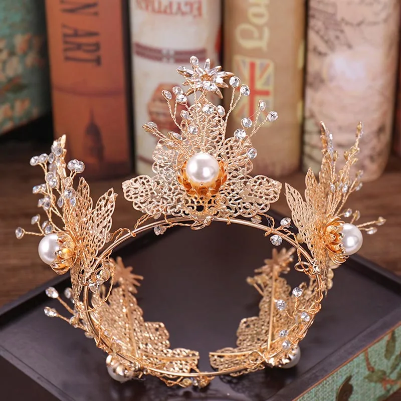 

Golden Simulated Pearl Crystal Tiaras and Crowns Full Round Diadem Wedding Hair Jewelry Ornament Pageant Party Costumes Decor JL