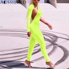 AOSSILIND Fluorescent Green One Shoulder Sexy Bodycon Jumpsuit Women Autumn Long Sleeve Backless Skinny Party Club Overalls