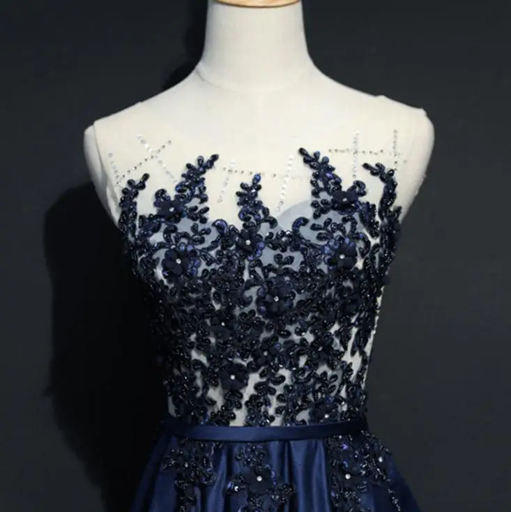VENSANAC 2018 Vintage Sheer O Neck Crystals Long A Line Evening Dresses Party Lace Embroidery Sash Sweep Train Prom Gowns