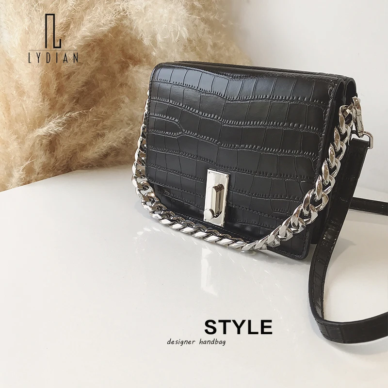 

LYDIAN 2018 Bag White 2018 New Fashion Leather Crocodile Pattern Hong Kong Style Retro Small Bag Chain Shoulder Messenger Bag