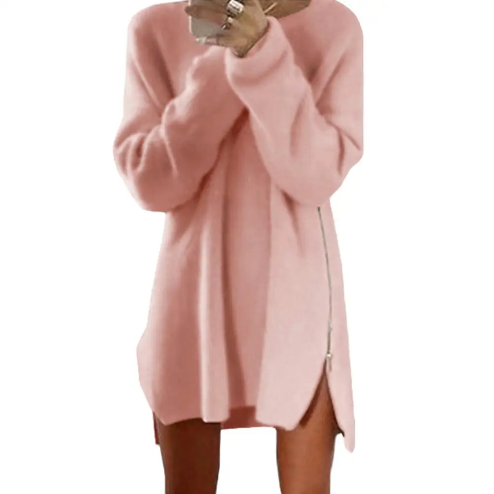 

Chic Autumn Women Solid Color Long Sleeve Zipper Slit Side Loose Sweater Dress