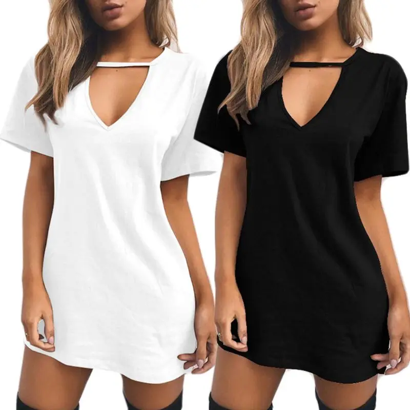 

Womens Short Sleeve Sexy Triangle Hollow Halter T-Shirt Dress Solid Color Deep V-Neck Mini Long Tunic Tops Loose Pullover Blous