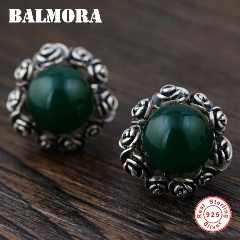 

BALMORA 925 Sterling Silver Rose Flower Earrings for Women Lover Gift Deep Green Silver Earrings Ethnic Jewelry Brincos MN30301