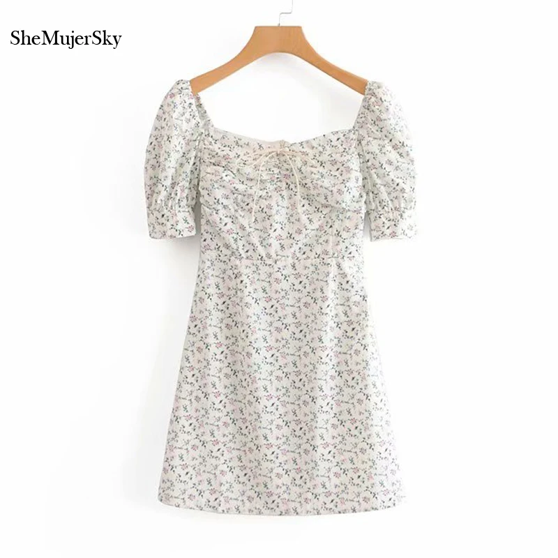 

SheMujerSKy Women White Little Floral Dress Summer Short Sleeve Casual Flower Dresses ropa mujer verano 2018 vestidos
