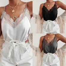 Débardeur en dentelle pour femmes, top sans manches, col en v, couleur unie, sexy, ample, court, débardeur