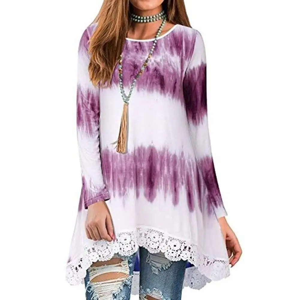 

Women Plus Size Tie-Dye Irregular Lace Trim Tunic Top Long Sleeve Loose T-Shirt